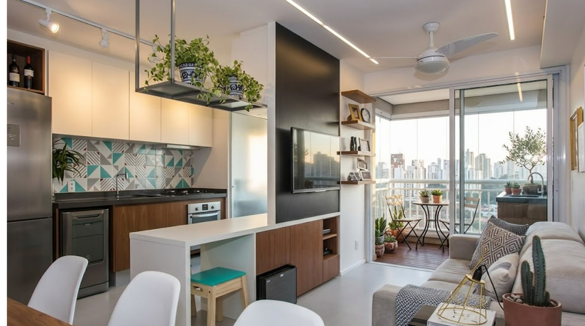 Living integrado com cozinha e varanda